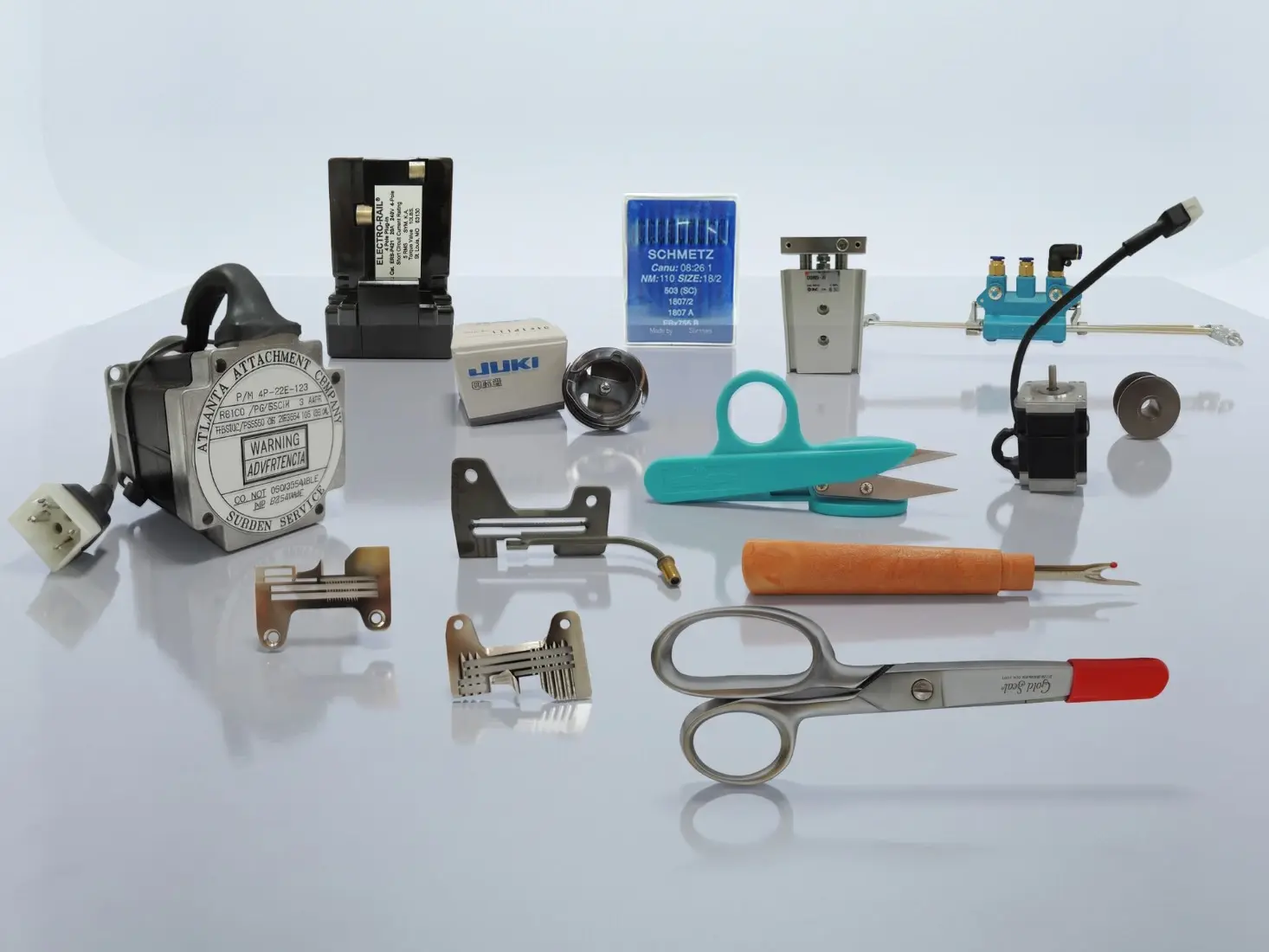 Repuestos genuinos y accesorios: motor de Atlanta Attachment, tablero eléctrico Electro-Rail, agujas Schmetz, portacanillas Juki, embudos y guías, cilindros neumáticos, motor paso a paso, tijeras y descosedor