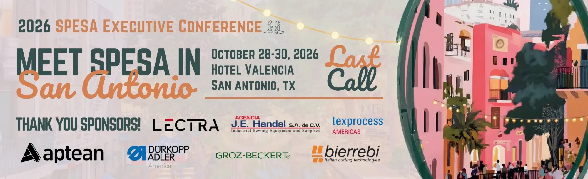 Cartel de la Conferencia Ejecutiva SPESA 2026: del 28 al 30 de octubre en el Hotel Valencia de San Antonio, Texas, con los logotipos de los patrocinadores, entre ellos Agencia J.E. Handal